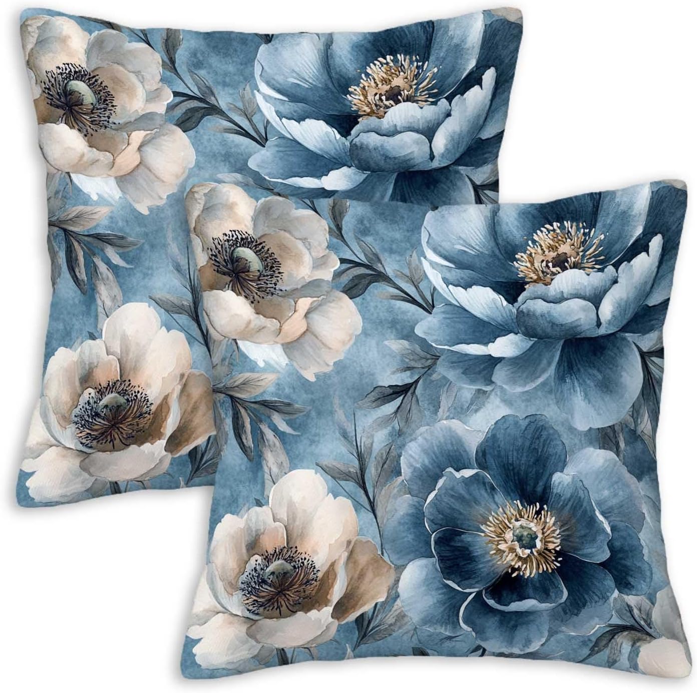 Throw Pillow Covers 18x18 Set of 2, Blue Floral Cushion Covers, Decorative Square Pillowcases for Couch, Bedroom, Living Room