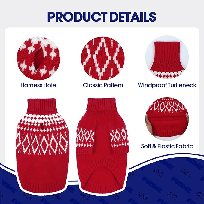 FUAMEY Comfortable Dog Sweaters XXL, Warm Doggy Sweater Christmas, Fleece Dogs Pullover with Leash Hole, Soft Pet Winter Clothes Turtleneck Shirt, Holiday Outfits for Large Breeds (Red, 2XL)
