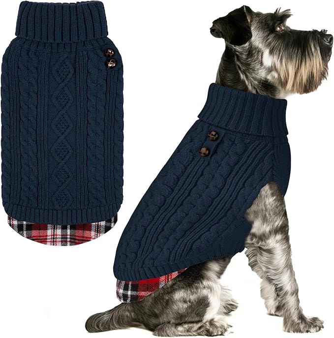 KYEESE Dog Sweaters with Leash Hole for Small Dogs Navy Blue Dog Turtleneck Sweater Pullover Knitwear with Gingham Warm Pet Sweater (Medium (Pack of 1))