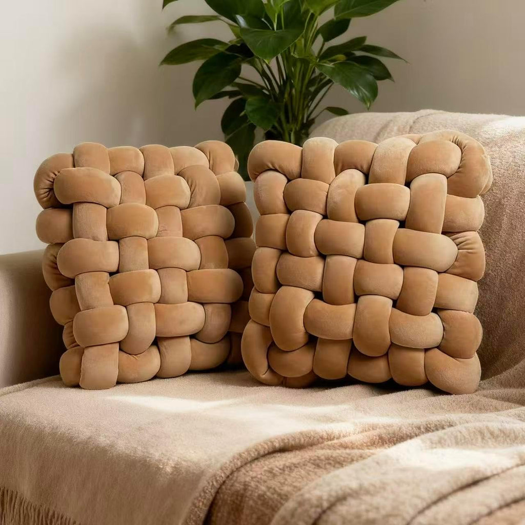 2Pcs Square Knot Throw Pillows, Suitable For Bedroom Decoration, Sofa Decorative Pillows, Home Decoration, Home Decor Living Room 12 inches * 13 inches (Coffee Color)