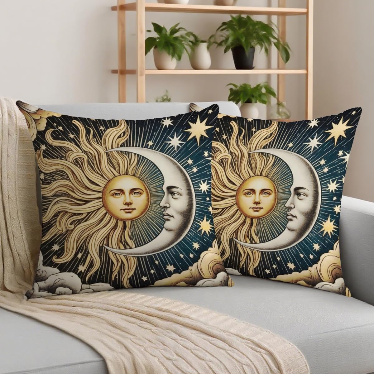2 Pcs Celestial Sun and Moon Linen Throw Pillow Covers, Elegant Sun and Moon Square Pillowcases Cushion Cover for Women Friend Sister Coworker Birthday Christmas Mothers Day Friendship Gifts