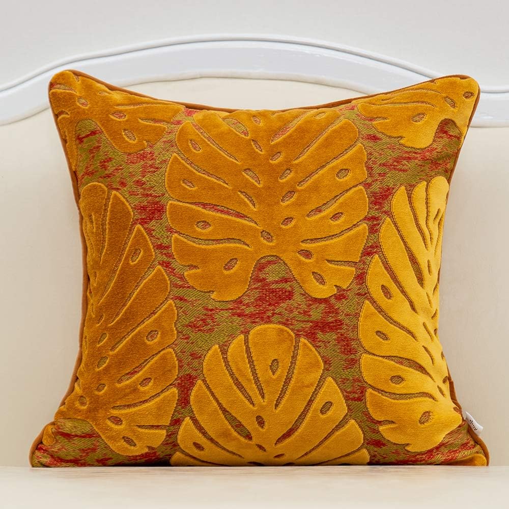 Alerfa 20 x 20 Inch Square Leaf Pillow Embroidery Cut Velvet Cushion Case Luxury Modern Lumbar Throw Pillow Cover Decorative Pillow for Couch Sofa Living Room Bedroom Car, Orange
