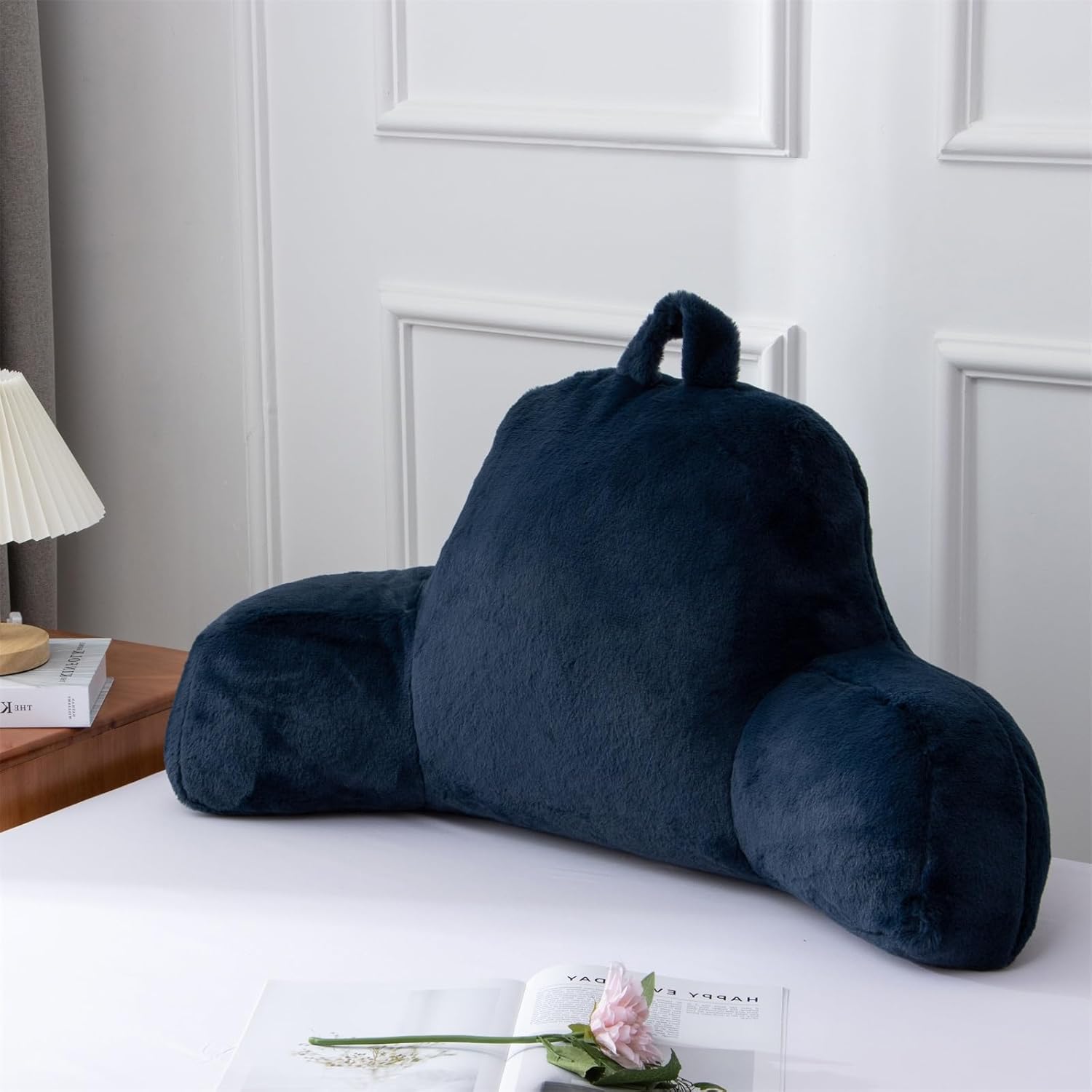 A Nice Night Faux Fur Reading Pillow Bed Wedge Large Adult Children Backrest with Arms Back Support for Sitting Up in Bed/Couch for Bedrest,Navy