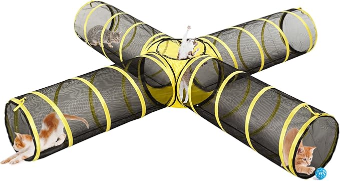 4-Way Cat Tunnel with Central Cube – Portable Mesh Playhouse for Indoor & Outdoor Use – Tent for Cats, Rabbits, and Small Pets