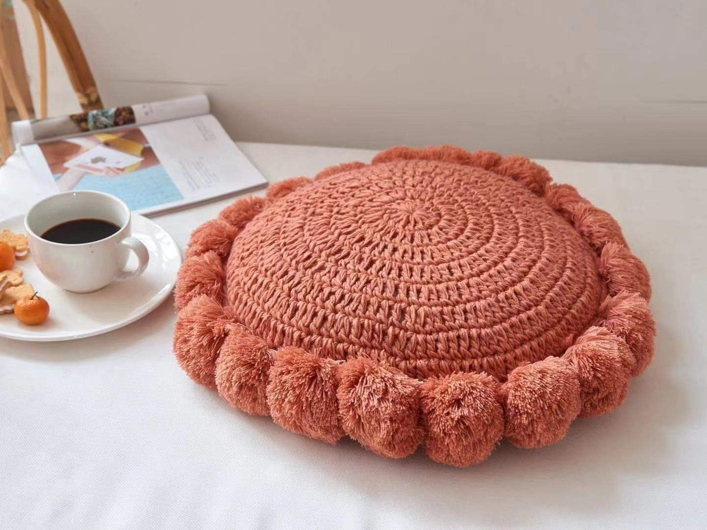 Boho Round Throw Pillow with Pom Poms Fringe Tassels, Bohemian Cute Decorative Circular Pillow with Knitted Texture for Sofa Chair, Acrylic Diameter 18 inches, Orange