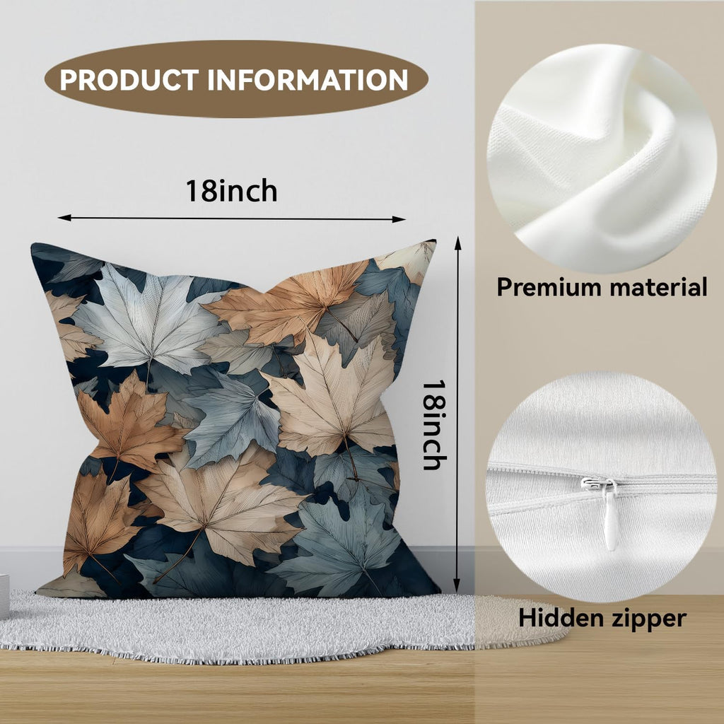 Vintage Boho Leaves Print Throw Pillow Cover, Orange, Blue - Blue Autumn Leaves Decor Pillowcase, Indoor Outdoor Cushion Case for Sofa Couch Bed Living Room Bedroom Home (Yellow leaves, 18x18inch)