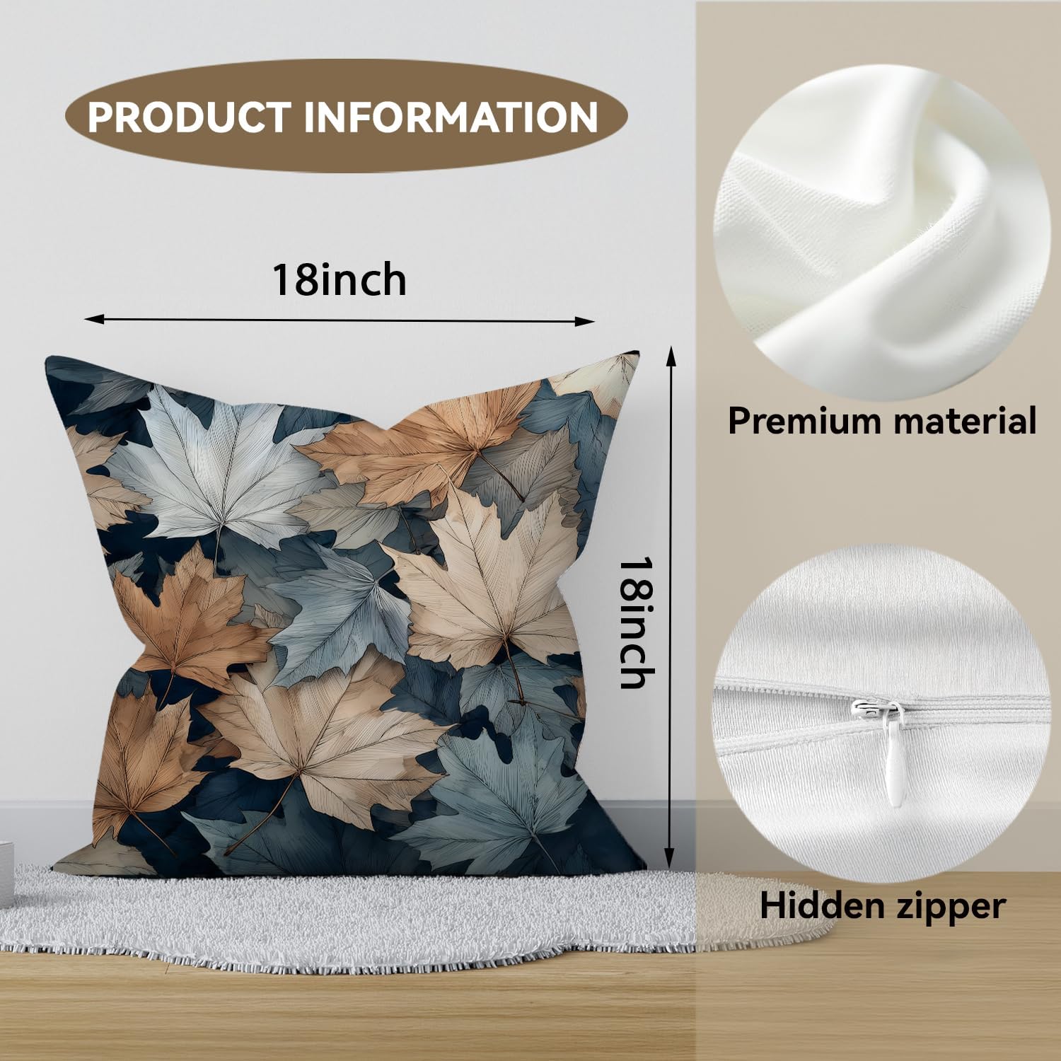 Vintage Boho Leaves Print Throw Pillow Cover, Orange, Blue - Blue Autumn Leaves Decor Pillowcase, Indoor Outdoor Cushion Case for Sofa Couch Bed Living Room Bedroom Home (Yellow leaves, 18x18inch)