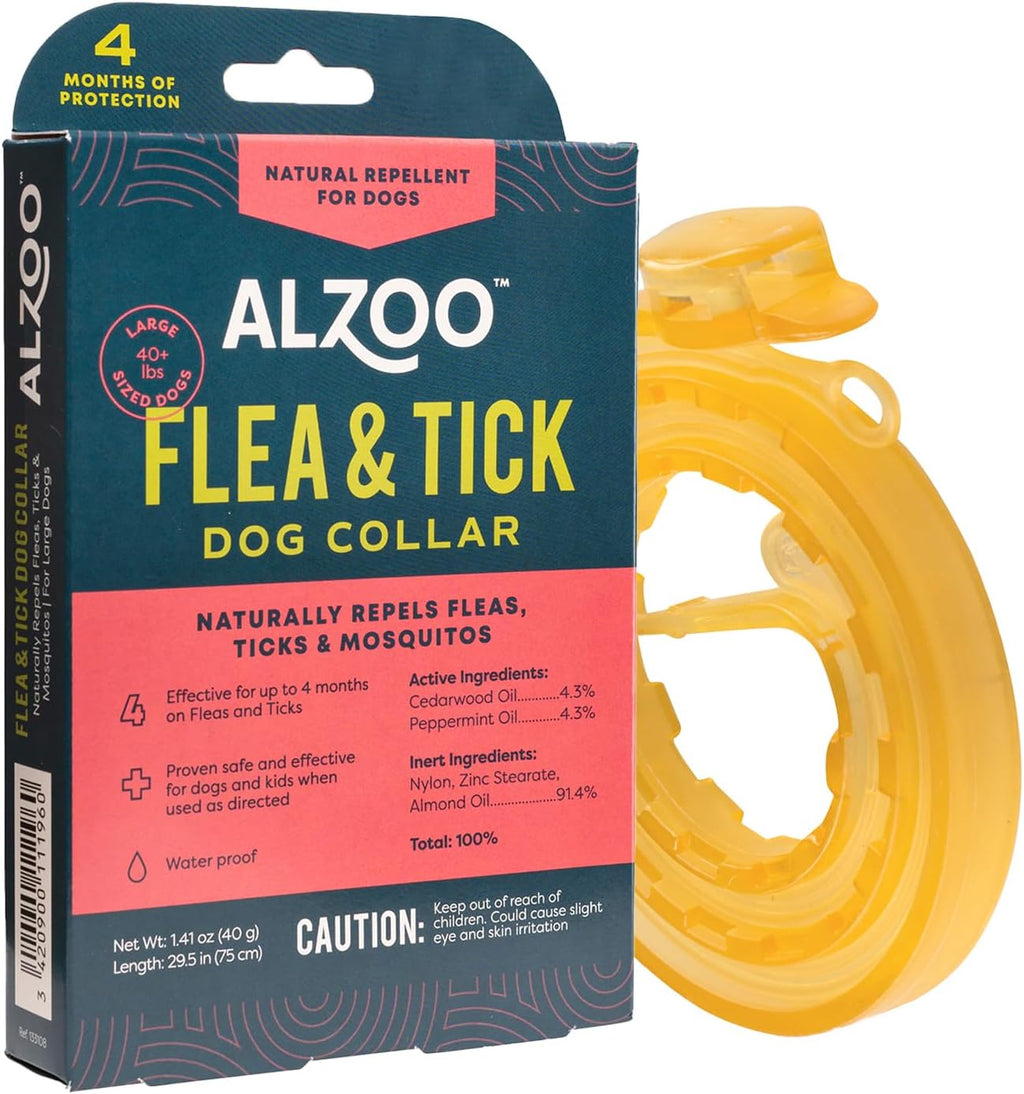 ALZOO Natural Flea & Tick Dog Collar - Helps Repel Fleas, Ticks & Mosquitoes - 100% Plant-Based Active Ingredients - Waterproof - Up to 4 Months Protection - Large-Sized Dogs: 40+ lbs - Single