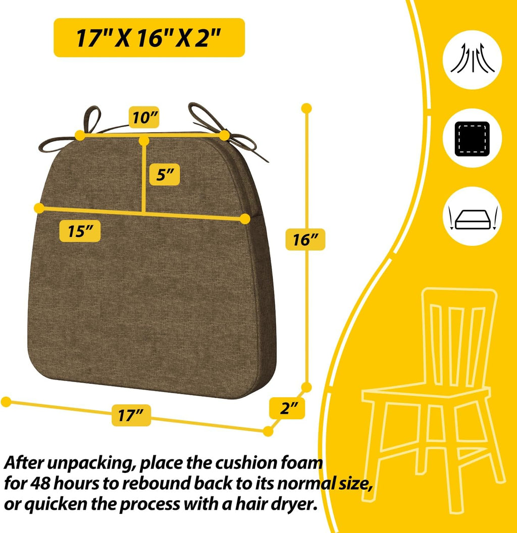 AAAAAcessories D-Shaped Chair Cushions, 2" Thick Dining Chair Pads with Ties and Removable, Machine-Washable Cover, 17" x 16", Set of 4, Taupe