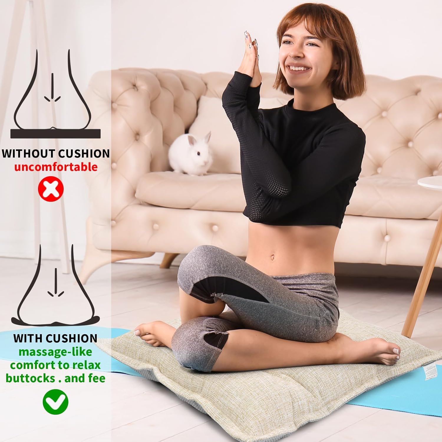 SINSOSSO Large Floor Pillow 22", Thickened Bite-Size Memory Foam Square Non-Slip Cushion for Office Back Support/Indoor Yoga/Chair Seat, Fashionable Color-Blocked Fabric & Washable, Beige, 1 PCS