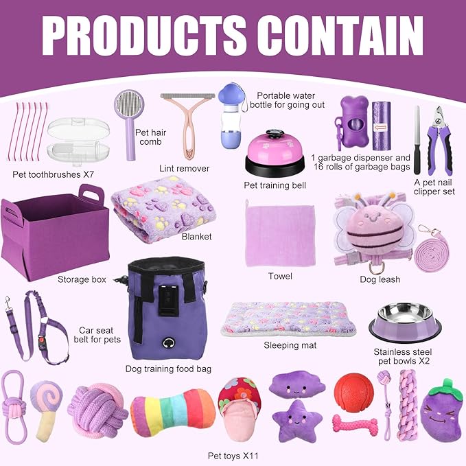 Abbylike 50 Pcs Puppy Supplies Starter Kit for Small Dogs Puppy Essentials Includes Leash, Bowls, Teeth Brushes, Water Bottle, and More Accessories for Dogs Christmas Welcome Gift(Purple)