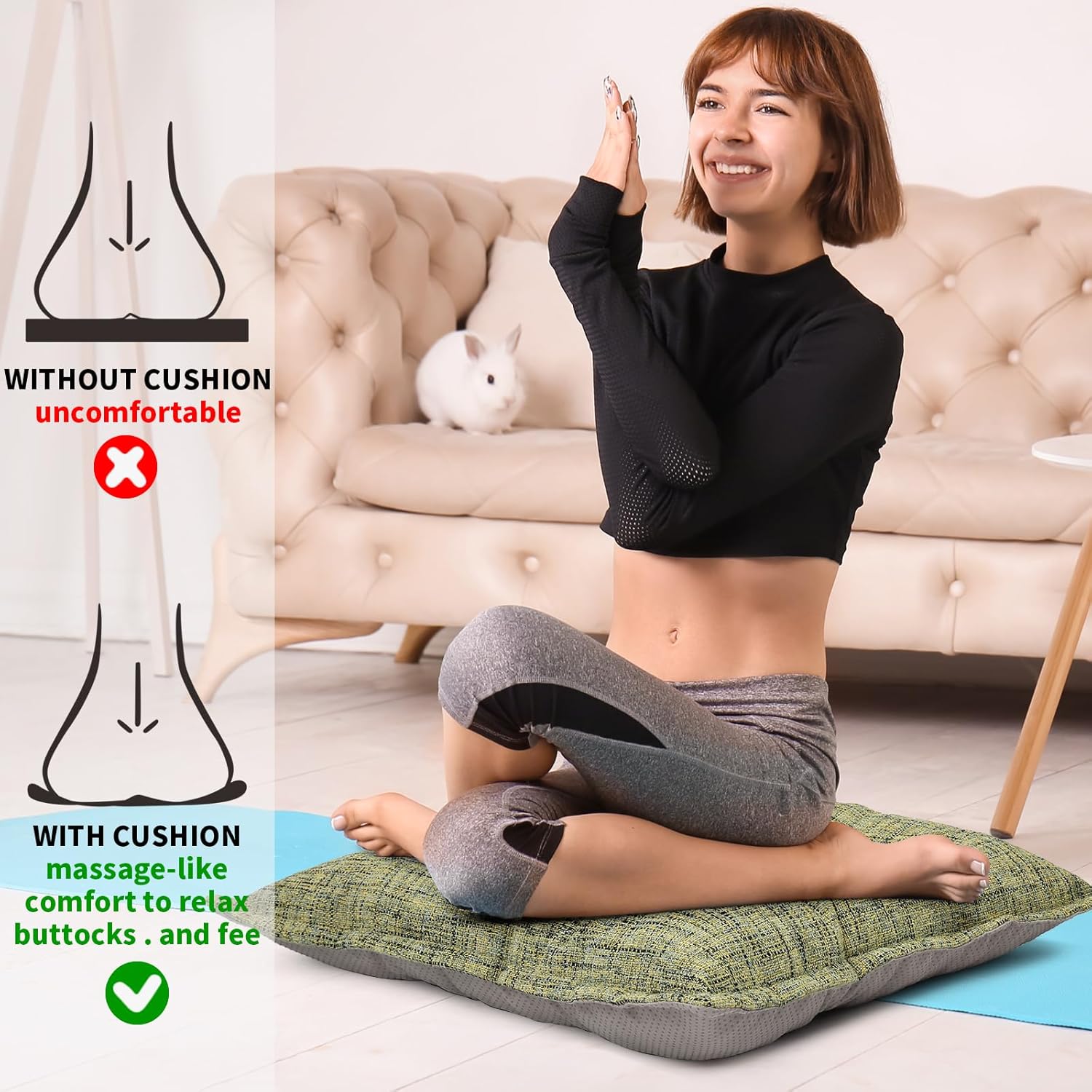 SINSOSSO Large Floor Pillows 22", Thickened Bite-Size Memory Foam Square Non-Slip Cushions for Office Back Support/Yoga/Chair Seat, Fashionable Color-Blocked Fabric & Washable, Yellow, 2 PCS