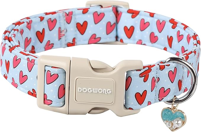 DOGWONG Valentine Dog Collar- Cute Blue Heart Dog Collars Adjustable Designer Valentine’s Day Puppy Heart Dog Collar for Small Medium Large Dogs S