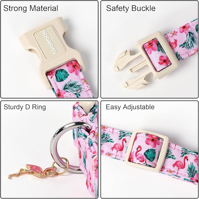 DOGWONG Flamingo Dog Collar - Adjustable Summer Hawaiian Dog Collar for Girl and Boy Dogs with Quick Release Buckle