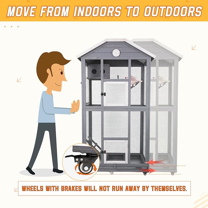 65in Outdoor Bird Aviary with Wheels,Wooden Bird Cage Indoor Finches Cage Flight cage Wire Mesh,Easy Clean Tray Perches Nest Feeder