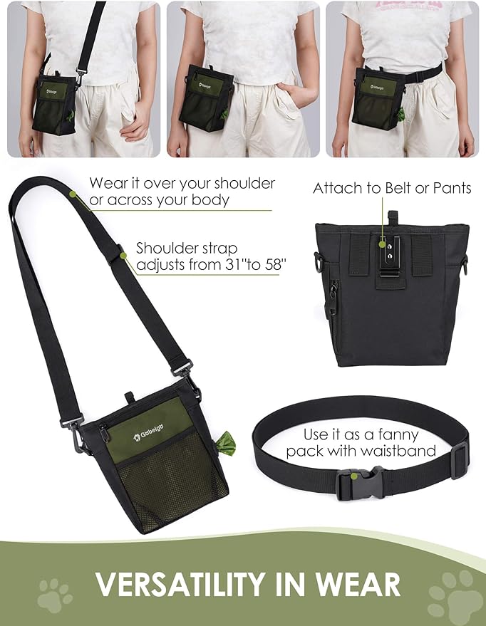 Gobeigo Dog Treat Pouch with Silicone Snack Bag, Front Pocket fits All Phones, 4 Cup Treat Bag with Training Clicker, Upgrade Stronger Magnetic Closure, 3 Ways to Wear Walking Fanny Pack (Army Green)