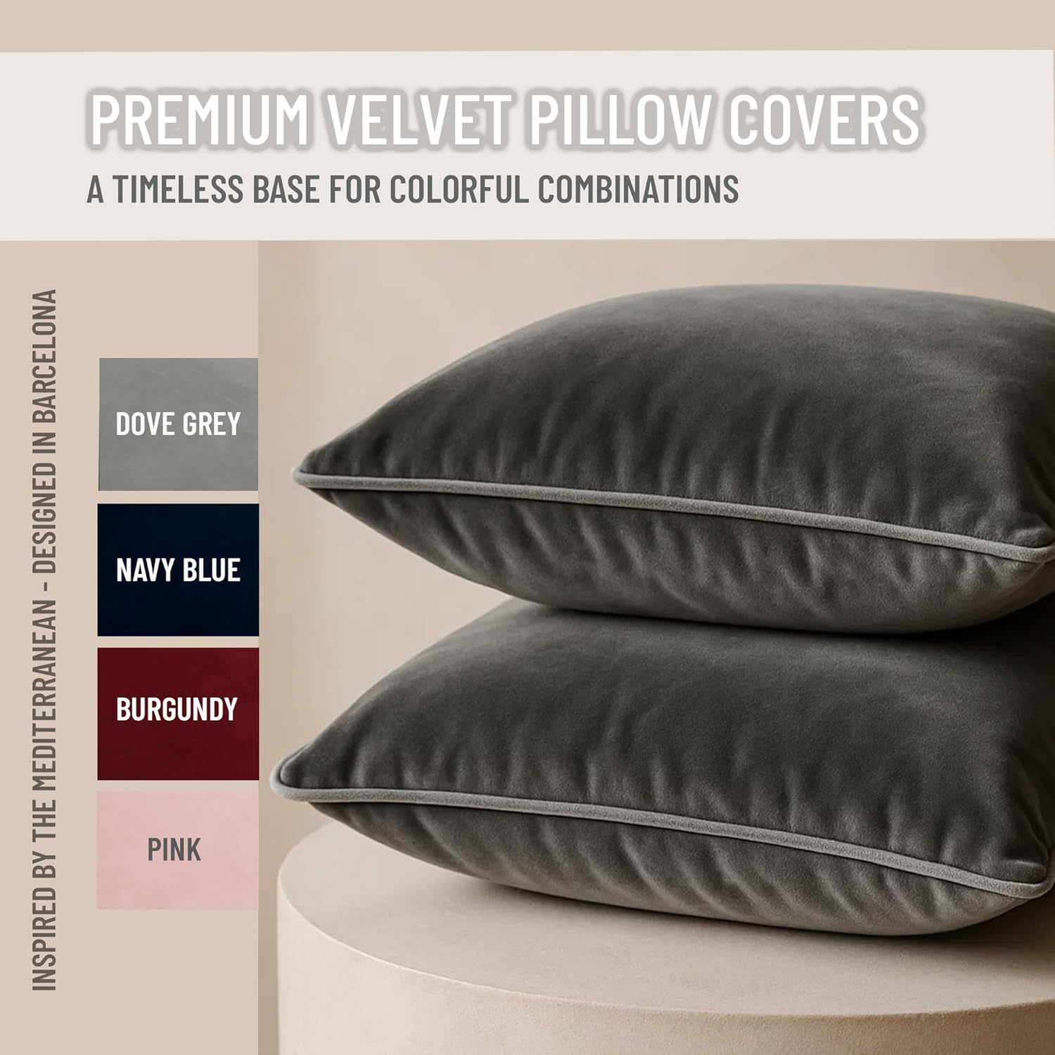 2 Pack Velvet Decorative Throw Pillow Covers, 20"x20", Deep Grey, Solid, Modern, Contrast Piping, Indoor Use, Bedroom & Living Room