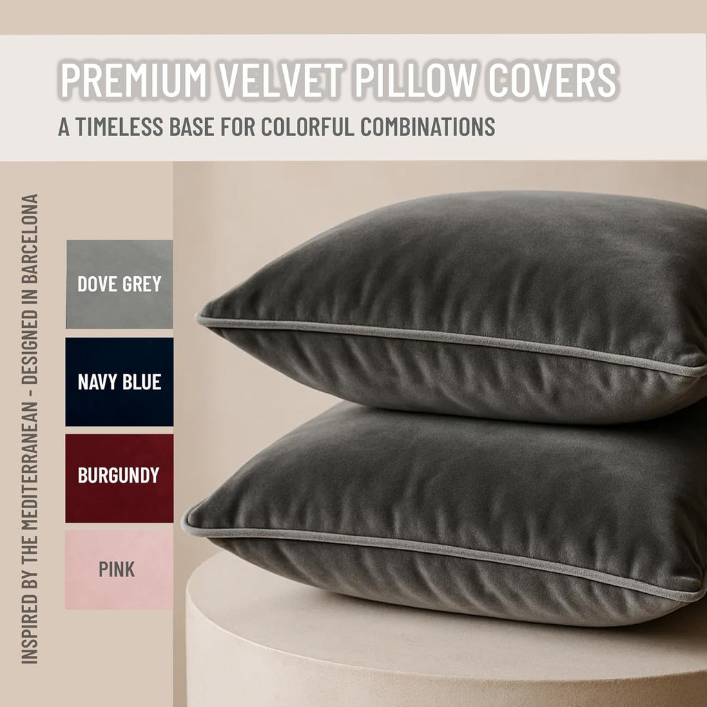 2 Pack Velvet Decorative Throw Pillow Covers, 18"x18", Deep Grey, Solid, Modern, Contrast Piping, Indoor Use, Bedroom & Living Room
