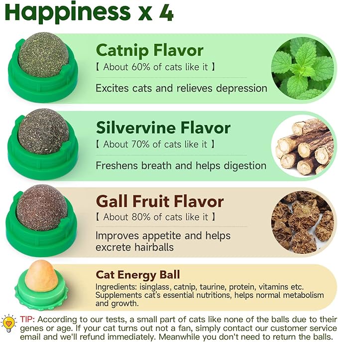 Potaroma Catnip Toys Balls 4 Pcs, Extra Cat Energy Ball, Edible Kitten Silvervine Toys for Cats Lick, Healthy Kitty Teeth Cleaning Dental Chew Toys, Cat Wall Treats (Green)