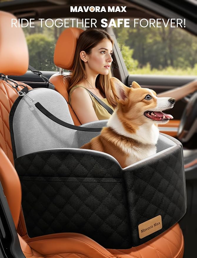 (Up to 35lbs Small/Medium Dog Car Seat Booster Dog Seat for Car Portable with Adjustable Seatbelts Pet Travel Car Bed Seat for SUV, Truck, with Memory Foam Cushion (Black/Grey)