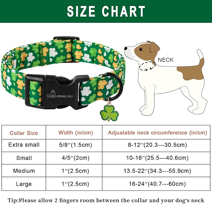 ARING PET St Patrick's Day Dog Collar-Cute Green Clovers Dog Collars, Adjustable Shamrock Pet Collars Trefoil Puppy Collar Gifts with Quick Release Buckle for Girl&Boy Dogs