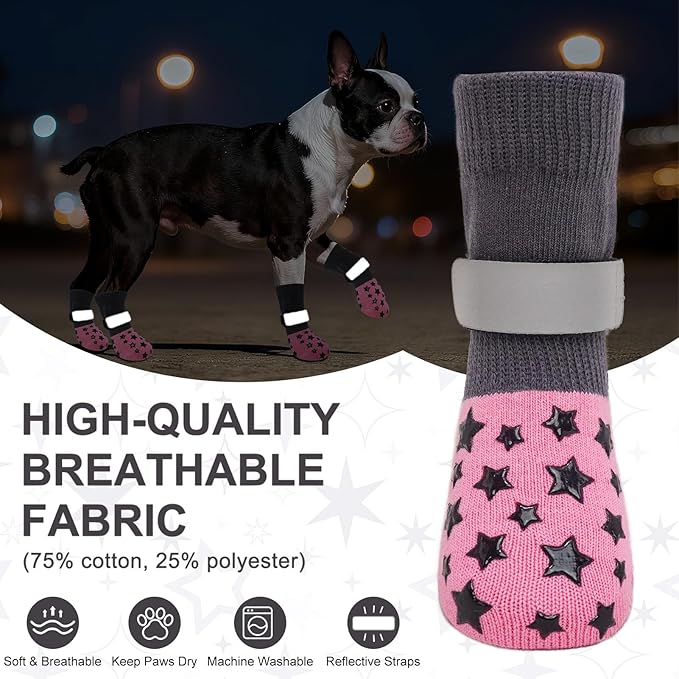 BEAUTYZOO Anti Slip Dog Socks to Prevent Licking Paws, Dog Shoes for Cold Pavement, Grip Socks for Dogs on Hardwood Floors, Dog Booties Alternative, Reflective&Washable Paw Protection for Senior Dogs