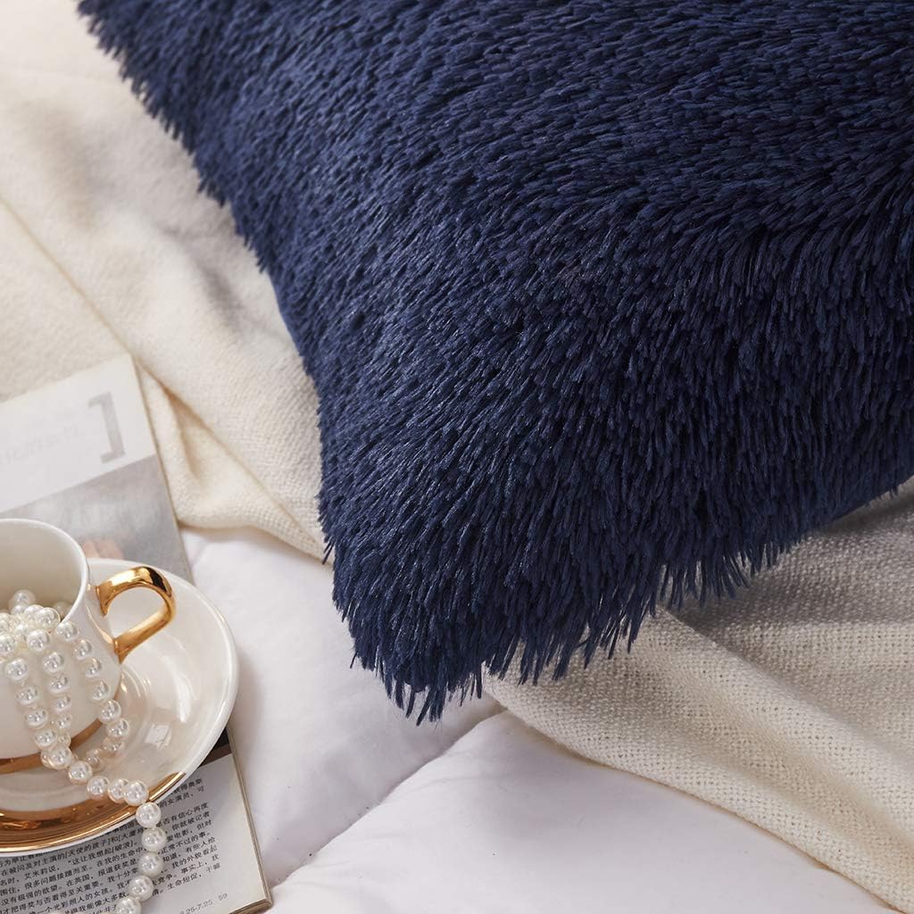 Uhamho Set of 2 Faux Fur Throw Pillow Covers Soft Velvet Decorative Pillowcases Zipper Closure (Navy, 20"x36")