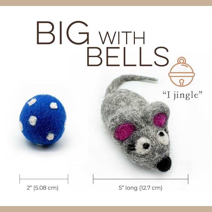 Hustle & Blush Wool Felt Balls 3 Pack Love Ewe Pet Supplies - 2 in Felted Wool Cat Toys 100% New Zealand Wools Felt Cat Toys Handmade Wools Felts Balls - Cats Felts Ball with Bell - Roll The Mice