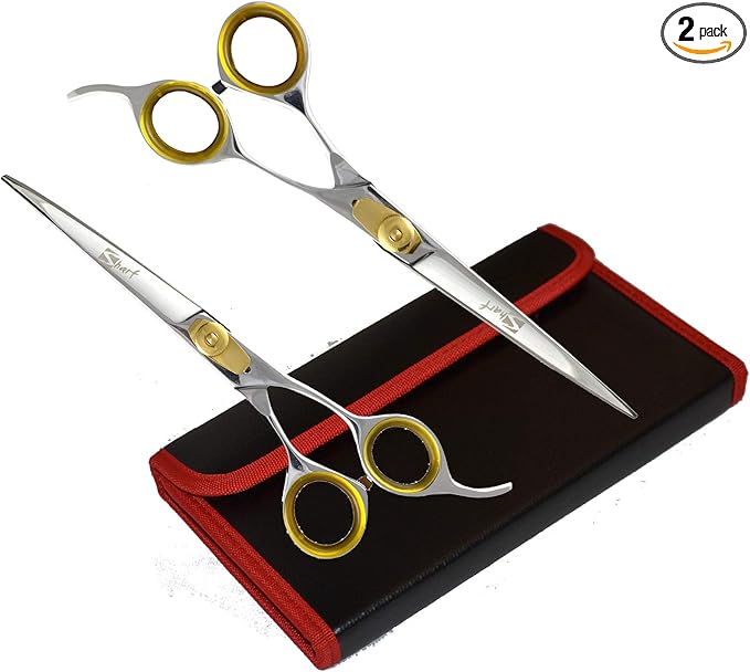 Sharf Professional Pet Shears Kit: Gold Touch Dog Grooming 7.5 Inch Curved Shear & 7.5 Inch Straight Scissors | Must-Have Groomers & Home Groomer Scissors Set