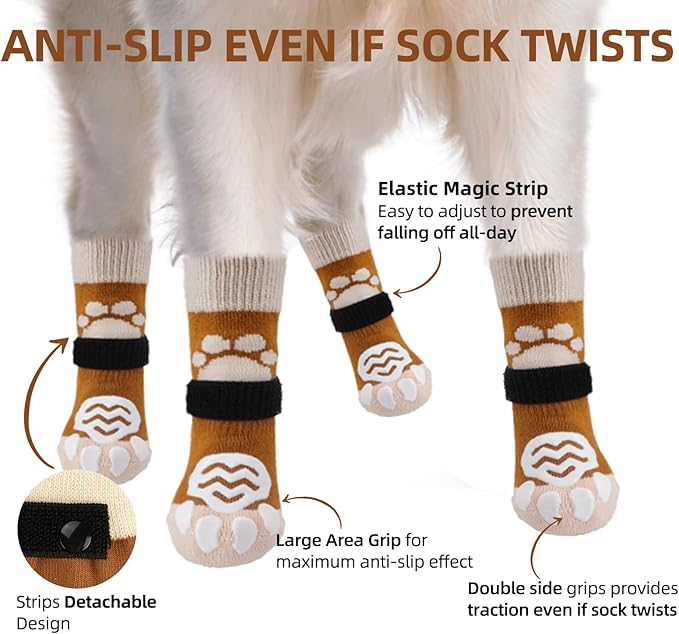 PUPTECK Anti Slip Dog Socks 2 Pairs with Double Grippers for Hardwood Floors, Shoes for Hot/Cold Pavement, Boots & Paws Protectors to Prevent Licking, Traction Booties for Senior Small Large Dogs