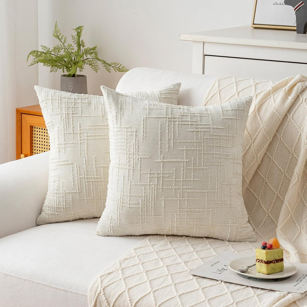 Decorative Throw Pillow Covers 20x20 Inch Set of 2, Thick Solid Farmhouse Chenille Couch Pillows, Spring Pillow Covers for Couch Sofa Bed Living Room Home Decor Pillowcase,White
