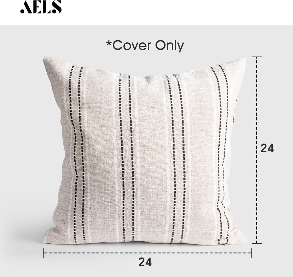 AELS 24x24 Decorative Farmhouse Linen Throw Pillow Covers, Boho Textured Pillow Case, Set of 2, Beige with White & Black Stitch Yarn Dyed Stripe Cushion Cover for Sofa Couch Living Room (Cover ONLY)
