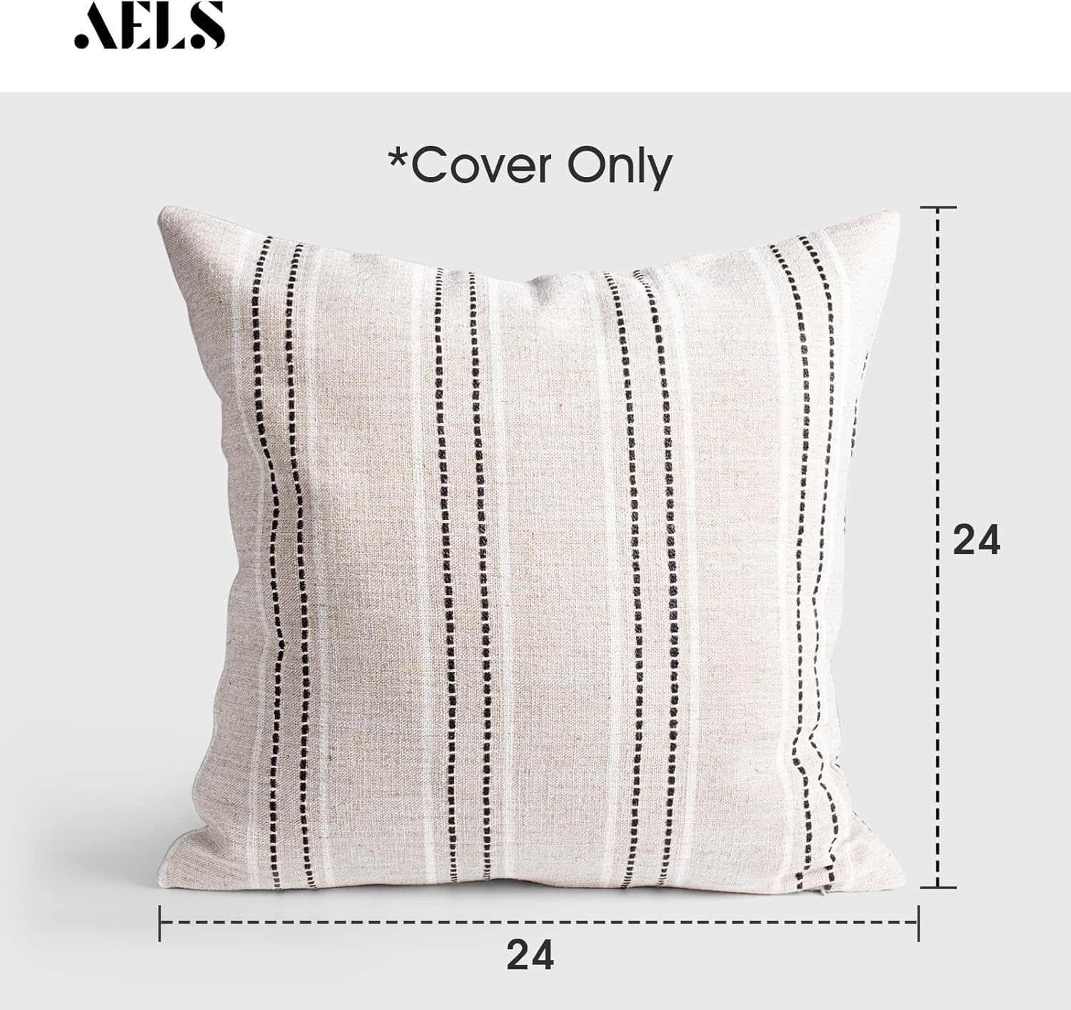AELS 24x24 Decorative Farmhouse Linen Throw Pillow Covers, Boho Textured Pillow Case, Set of 2, Beige with White & Black Stitch Yarn Dyed Stripe Cushion Cover for Sofa Couch Living Room (Cover ONLY)