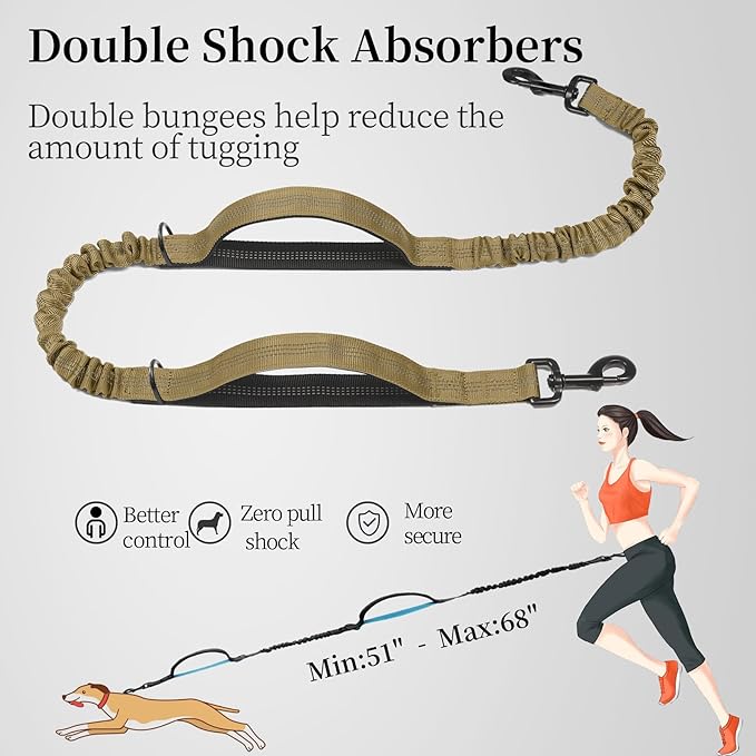 iYoShop Hands Free Dog Leash with Zipper Pouch, Dual Padded Handles and Durable Bungee for Walking, Jogging and Running Your Dog (Large, 25-120 lbs, Khaki)