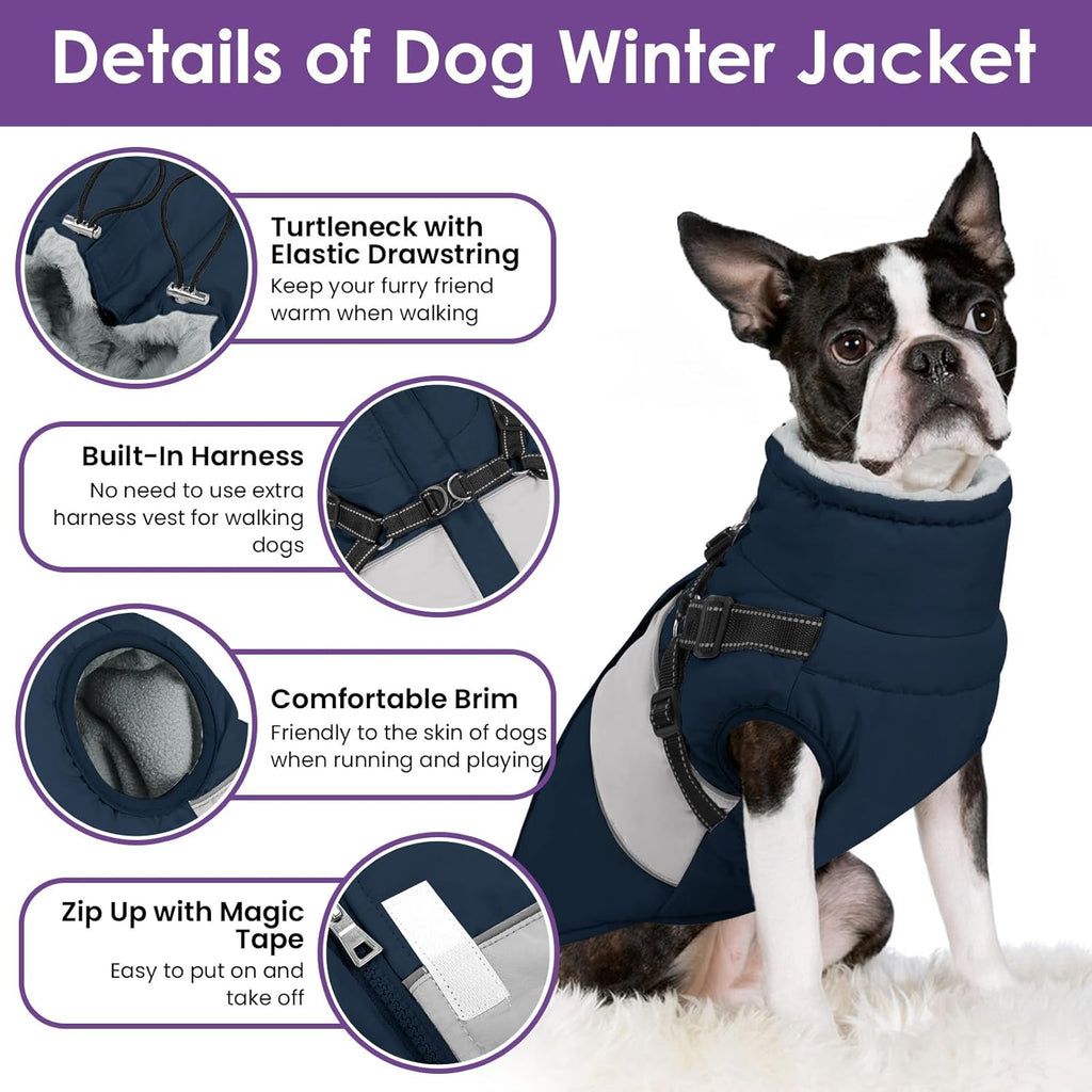 SUNFURA Dog Winter Coat, Waterproof Dog Coat Jacket with Harness for Medium Dogs Boys Girls, Reflective Fleece Lined Pet Snow Jacket Sweaters for Pug, Jack Russel, Boston Terrier, Navy Blue M