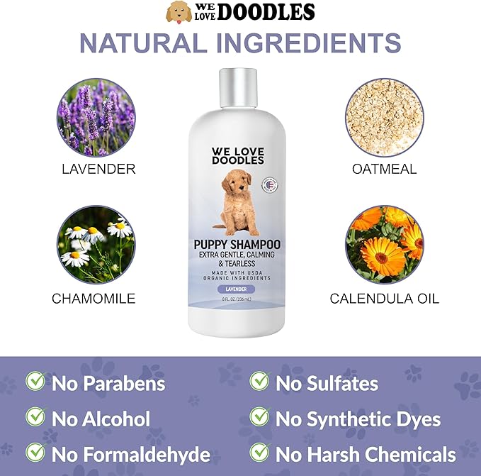 Puppy Shampoo & Conditioner | Made in USA | Tear Free | Best Shampoo for Puppies | Sensitive & Itchy Skin Wash | Oatmeal Bathing | Tearless, Lavender, 8oz [We Love Doodles]