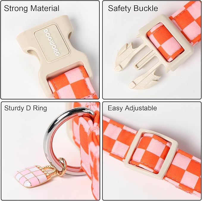 DOGWONG Pink Plaid Dog Collar, Pink Girl Dog Collars, Adjustable Cute Pet Collars Girl Design Dog Collar for Small Medium Large Dogs