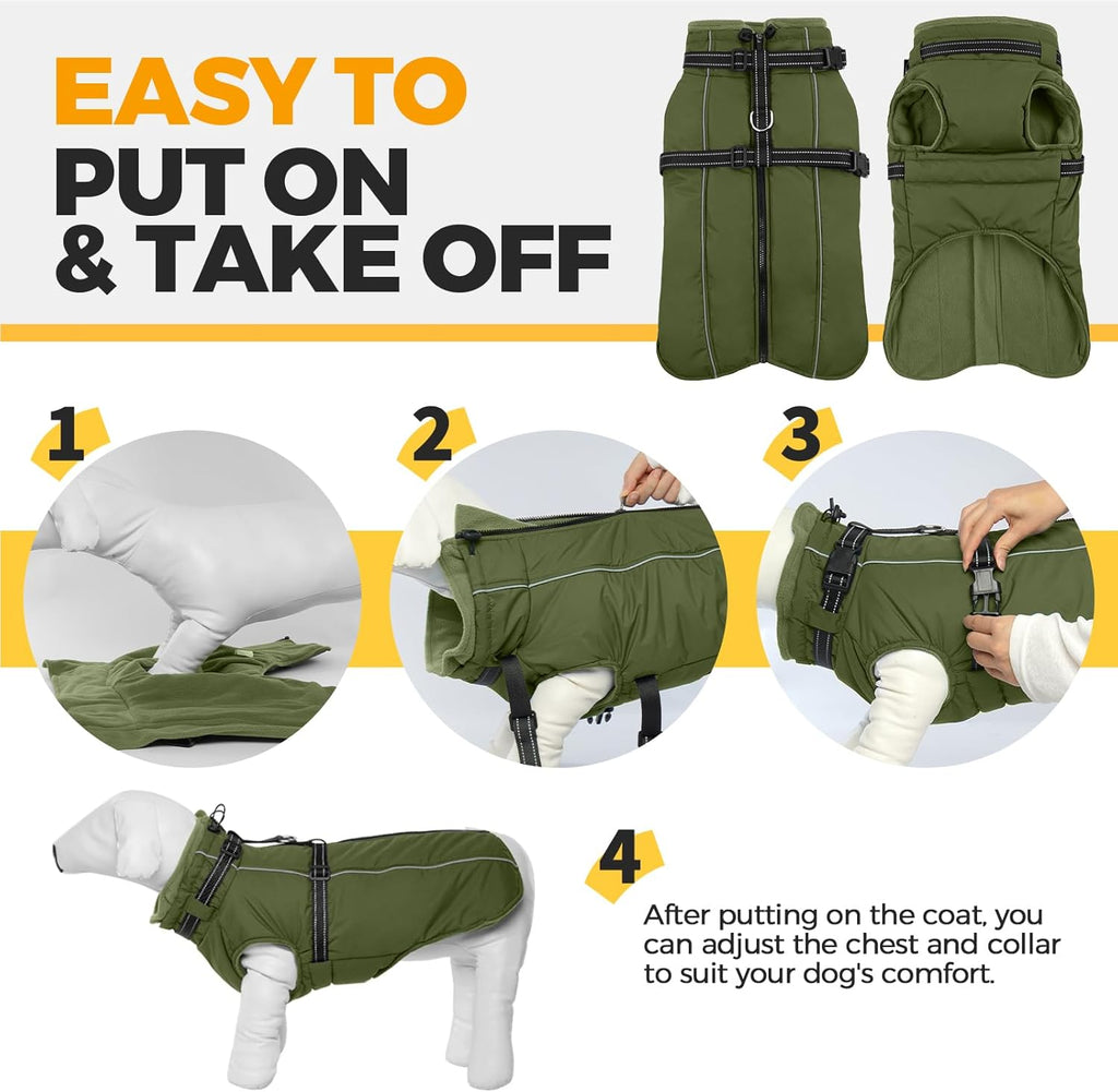 Lelepet Dog Coat for Large Dogs Waterproof Dog Jacket with Harness Built in Reflective Fleece Jacket with Zip Cold Weather Coats for Dogs Cozy Thermal Pet Snowsuit, Weimaraner, Army Green, XXL