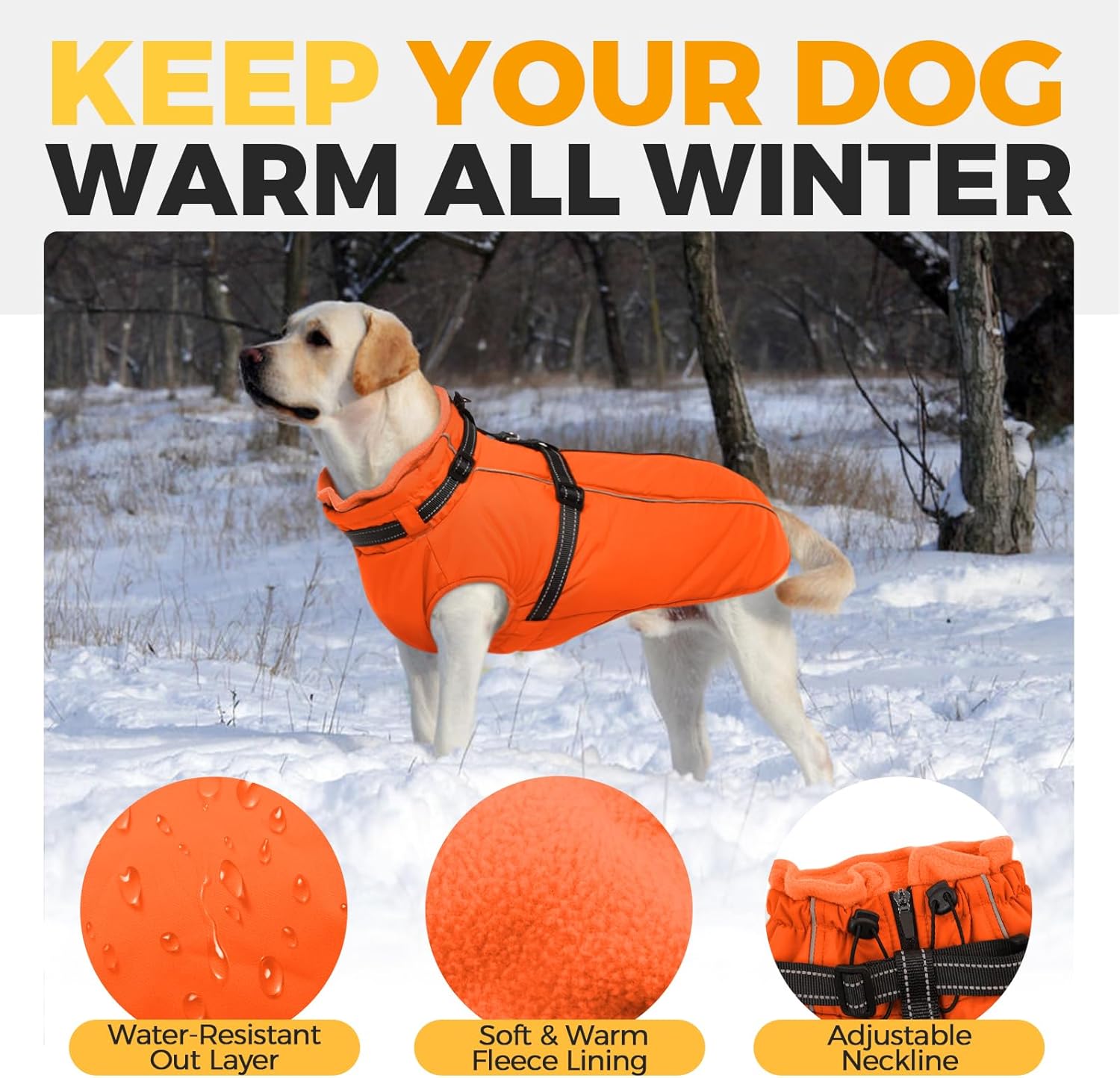 Lelepet Dog Winter Coat Waterproof Dog Jacket with Harness Built in Windproof Reflective Pet Coats for Small Medium Large Dogs, Thermal Fleece Lined Coats for Cold Weather Walking Hiking, Orange, S
