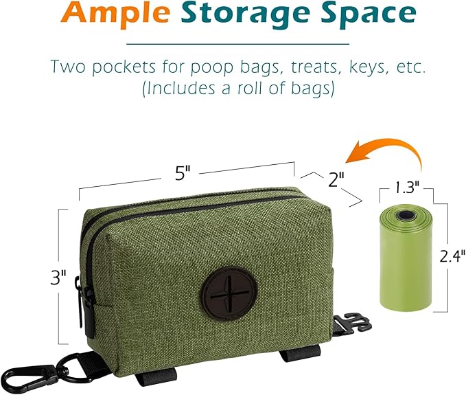 PetBonus Dog Poop Bag Holder, Portable Pet Waste Bag Dispenser, 2 Pouches for Treats and Walking Accessories, Fit All Leashes, Includes 1 Roll of Dog Poop Bags (Army Green)