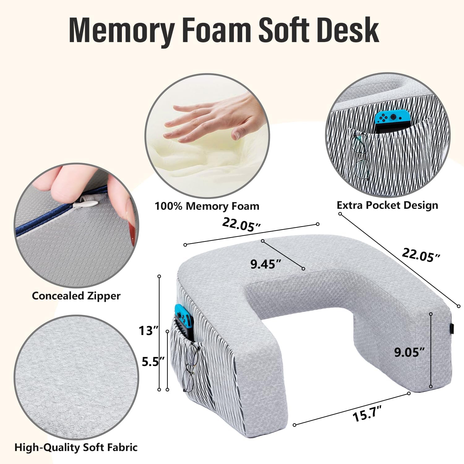 Reading Pillow for Lap, Extra Large Arm Rest Pillow for Adult, Memory Foam Lap Desk Pillow for Reading, Working, Crocheting, Playing Steam Deck Switch or Sitting in Bed Couch(Ash Grey)