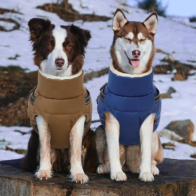 Dog Winter Coat with Harness Built in Warm Puffer Dog Jackets for Small Medium Large Dogs Windproof Waterproof Outfit with Plush Lining and Reflective Stripes (Brown, 2XL)