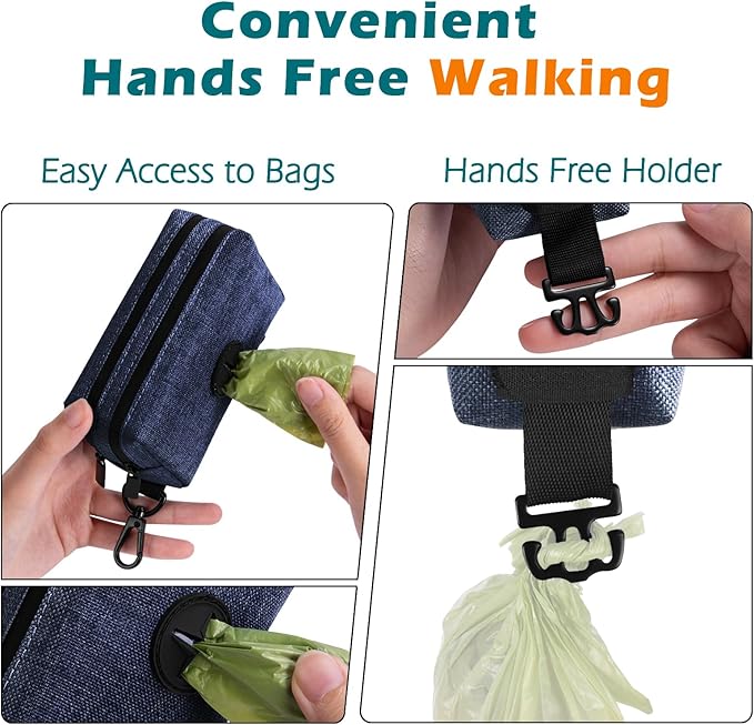 PetBonus Dog Poop Bag Holder, Portable Pet Waste Bag Dispenser, 2 Pouches for Treats and Walking Accessories, Fit All Leashes, Includes 1 Roll of Dog Poop Bags (Navy Blue)