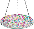 VCUTEKA Hanging Bird Bath, Glass Mosaic Bird Baths for Outdoors Birdfeeder with 21 inch Rust-Proof Chain for Garden Yard Decor