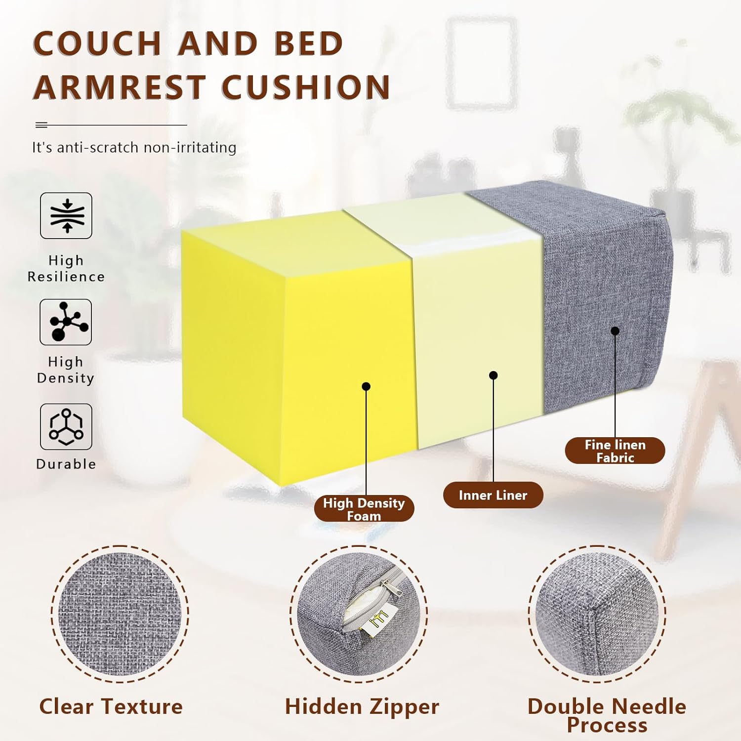 2 Pack Couch Arm Rest Pillow, 8''x8''x20'' Linen Cover, High Density Foam Armrest Cushion, Removable & Washable Elbow Support for Sofa, Bed, and Armchair (Grey)