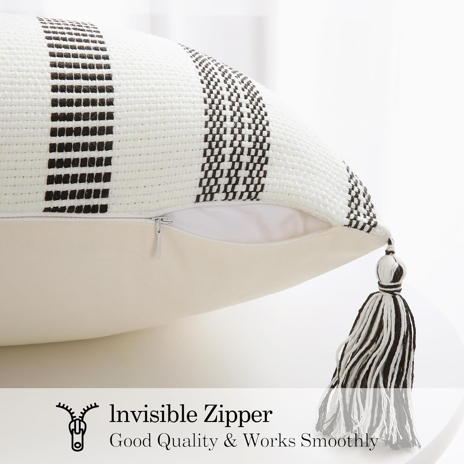 Smile Bee Boho Outdoor Couch Throw Pillow Covers Set of 2, Decorative Lumbar Thick Woven Striped Accent Neutral Pillow Covers with Tassels for Bed Sofa Home Decor, 12x20 Inch, Black and Cream White