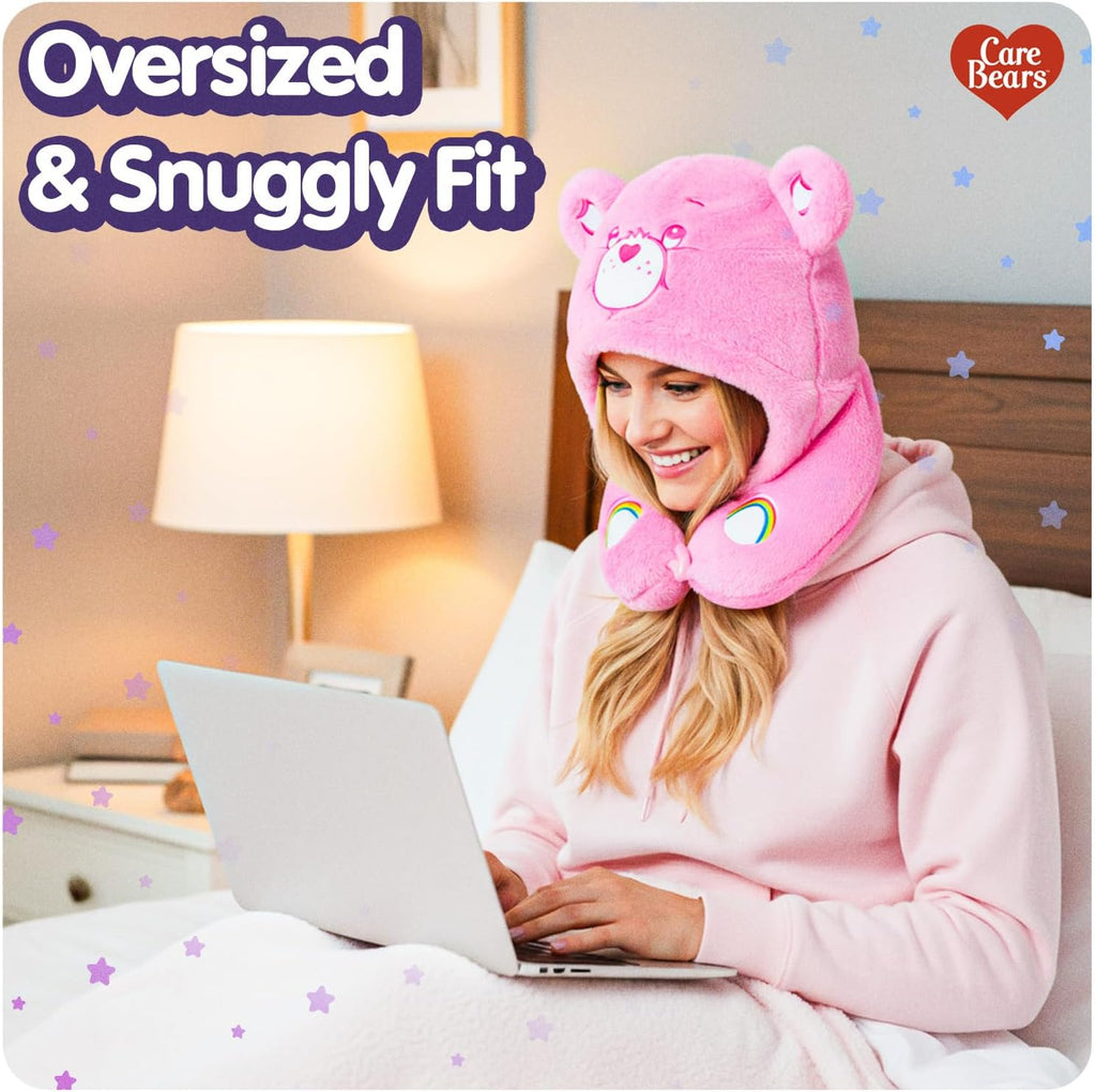 Care Bears - Cheer Bear Snuggle Hood, Travel Pillow with Hood, Soft Plush Neck Support, Lightweight, Comfortable and Breathable, Airplane, Care and Train Travel - Pink