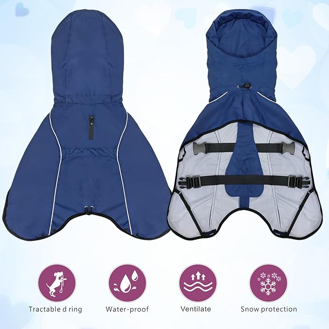 Mosucoirl Dog Raincoat Jacket Reflective Adjustable Hooded Pet Poncho Rain Coats with Leash Hole Waterproof Clothes for Small Medium Large Dogs (NavyBlue, XL)