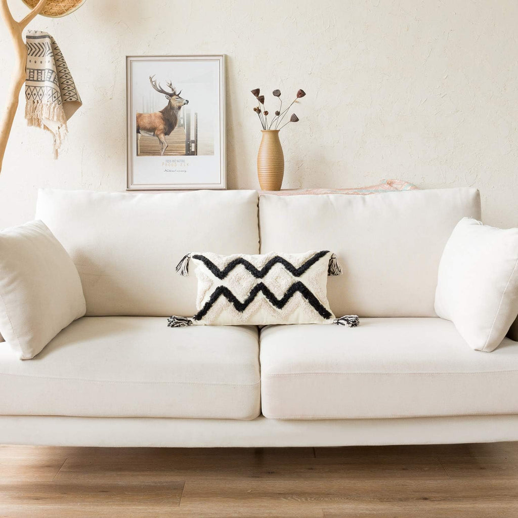 Woven Tufted Boho Lumbar Throw Pillow Cover, Modern Decorative Geometric Chevron Cushion with Tassels, Farmhouse Tribal Pillowcase for Couch Sofa Bedroom Living Room, 12 x 20 Inches, Black, Ivory