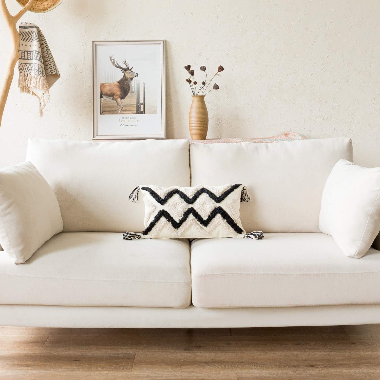 Woven Tufted Boho Lumbar Throw Pillow Cover, Modern Decorative Geometric Chevron Cushion with Tassels, Farmhouse Tribal Pillowcase for Couch Sofa Bedroom Living Room, 12 x 20 Inches, Black, Ivory